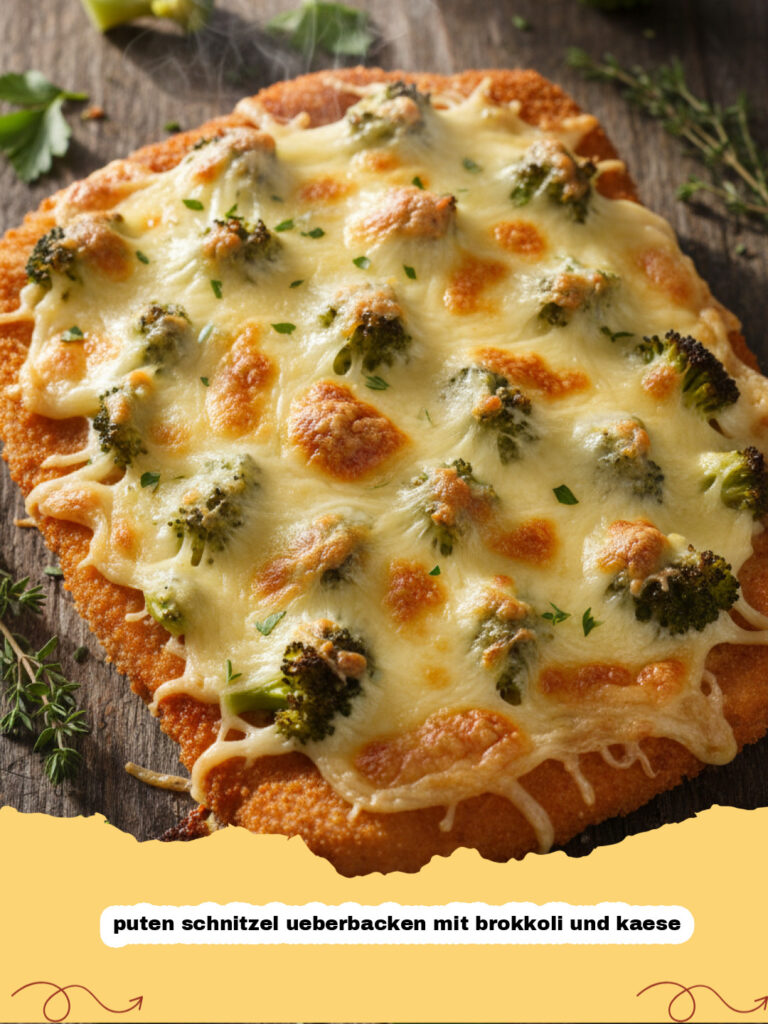 puten schnitzel ueberbacken mit brokkoli und kaese - Goldbraun überbackenes Puten-Schnitzel mit Brokkoli und Käse in einer Auflaufform, frisch aus dem Ofen.