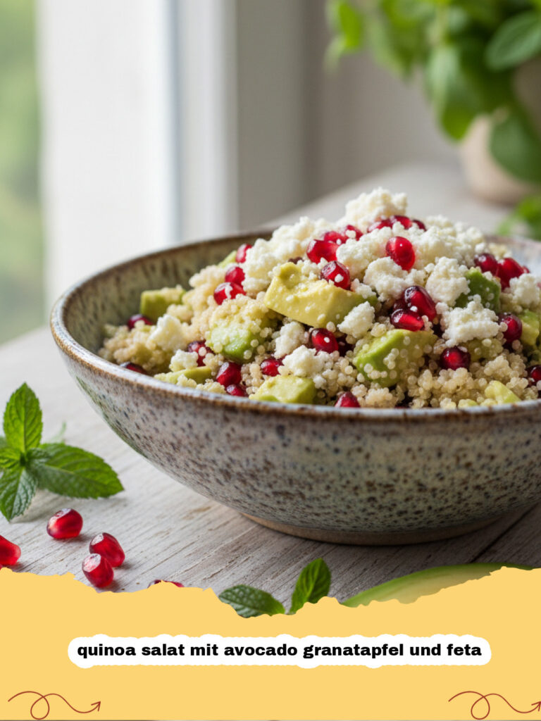 quinoa salat mit avocado granatapfel und feta - Ein bunter Quinoa Salat mit Avocado, Granatapfel und Feta, angerichtet in einer modernen Schüssel