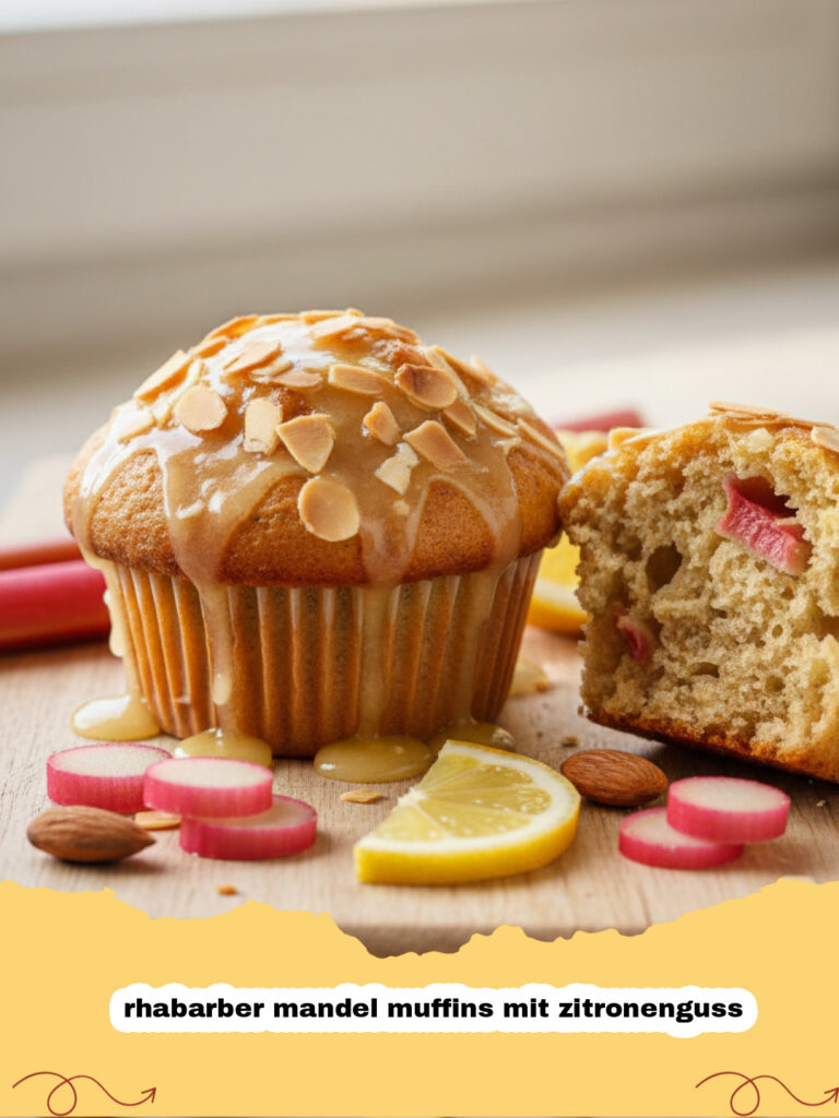 rhabarber mandel muffins mit zitronenguss - Saftige Rhabarber Mandel Muffins mit glänzendem Zitronenguss auf einem Kuchengitter