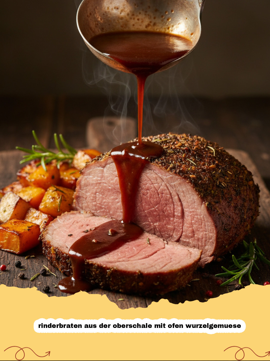 rinderbraten aus der oberschale mit ofen wurzelgemuese - Zarter Rinderbraten aus der Oberschale mit karamellisiertem Ofen-Wurzelgemüse und Kräutern, angerichtet auf einem rustikalen Teller