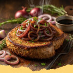 rinderleber mit balsamico zwiebeln - Teller mit gebratener Rinderleber, bedeckt mit karamellisierten Balsamico Zwiebeln und frischer Petersilie, daneben Kartoffelpüree.