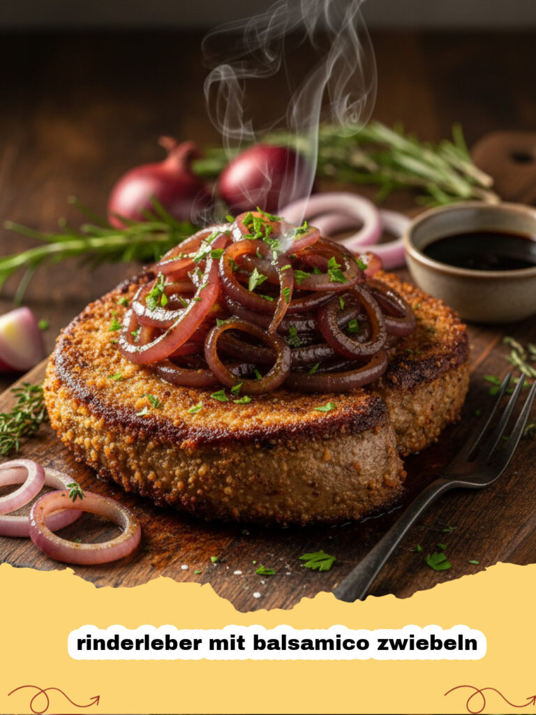 rinderleber mit balsamico zwiebeln - Teller mit gebratener Rinderleber, bedeckt mit karamellisierten Balsamico Zwiebeln und frischer Petersilie, daneben Kartoffelpüree.