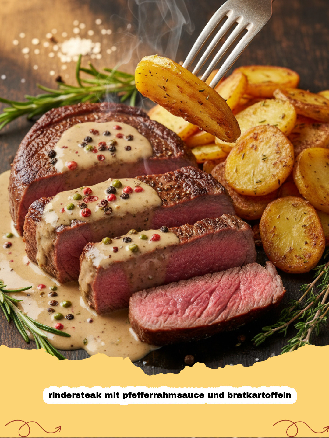 rindersteak mit pfefferrahmsauce und bratkartoffeln - Saftiges Rindersteak mit cremiger Pfefferrahmsauce und knusprigen Bratkartoffeln auf einem Teller angerichtet.