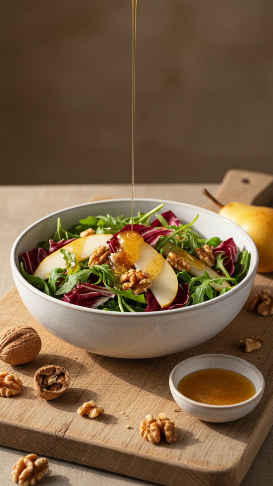 Rucola Salat mit Birne, Walnüssen und Honig-Senf-Dressing Preparation