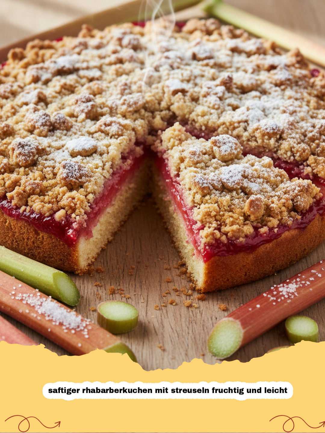 saftiger rhabarberkuchen mit streuseln fruchtig und leicht - Ein Stück saftiger Rhabarberkuchen mit knusprigen Streuseln auf einem Teller, mit einer Tasse Kaffee im Hintergrund.
