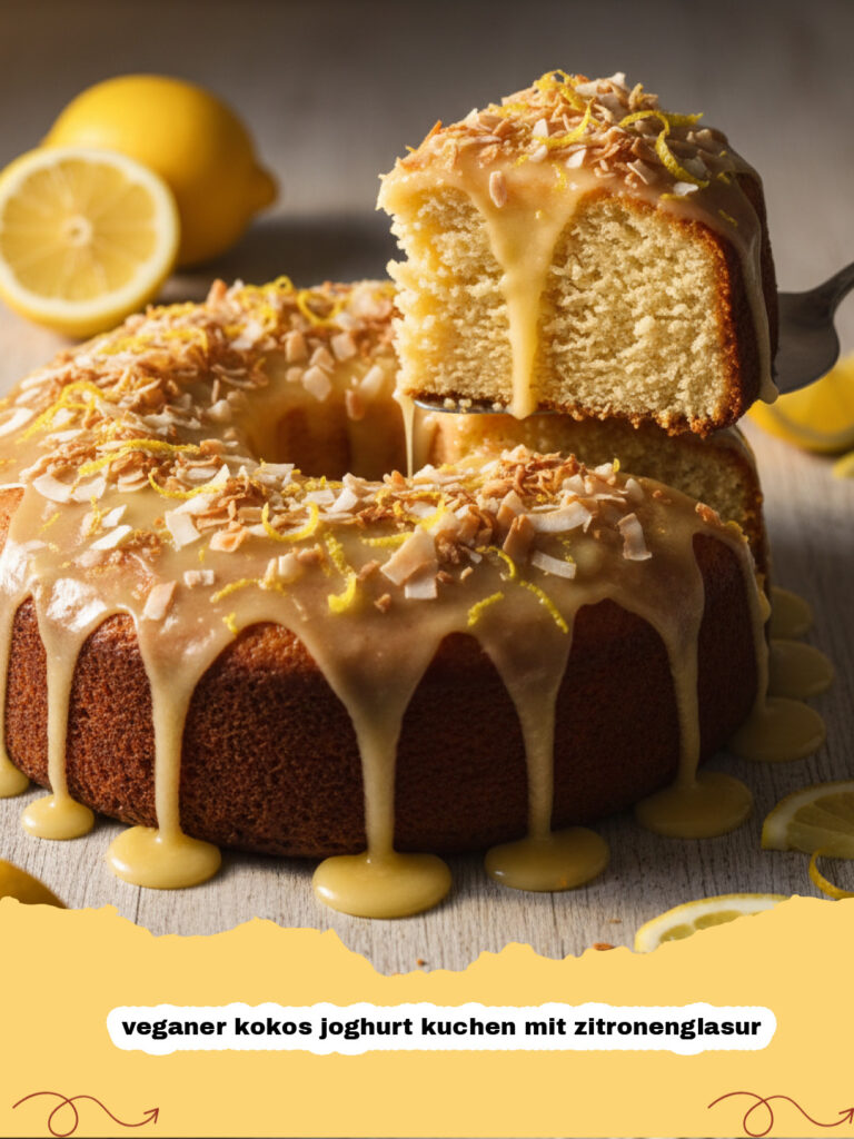 veganer kokos joghurt kuchen mit zitronenglasur - Ein Stück veganer Kokos-Joghurt-Kuchen mit Zitronenglasur, auf einem Teller serviert, mit Zitronenscheiben und Kokosraspeln garniert.