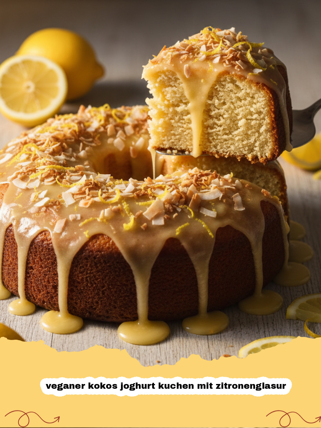veganer kokos joghurt kuchen mit zitronenglasur - Ein Stück veganer Kokos-Joghurt-Kuchen mit Zitronenglasur, auf einem Teller serviert, mit Zitronenscheiben und Kokosraspeln garniert.