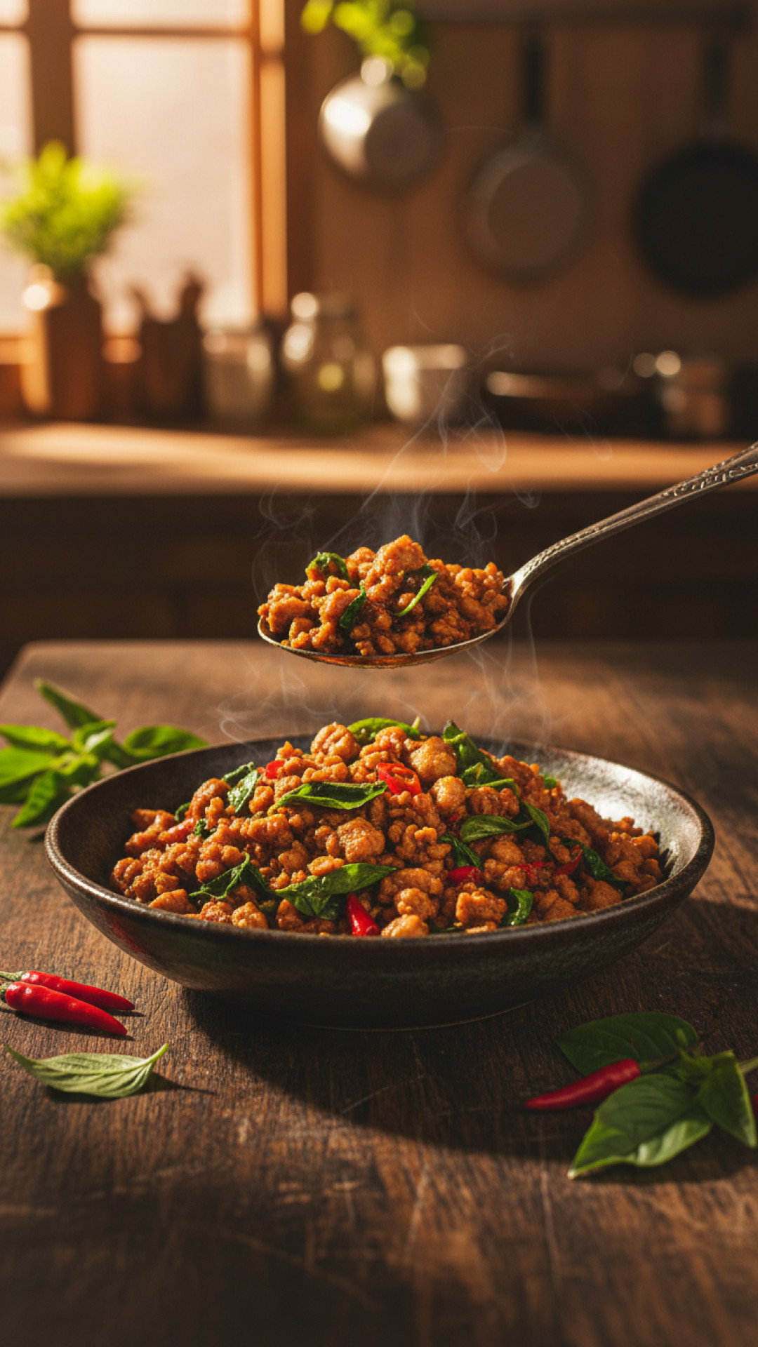 Scharfe Thai Basilikum Hähnchenpfanne Pad Krapow Preparation