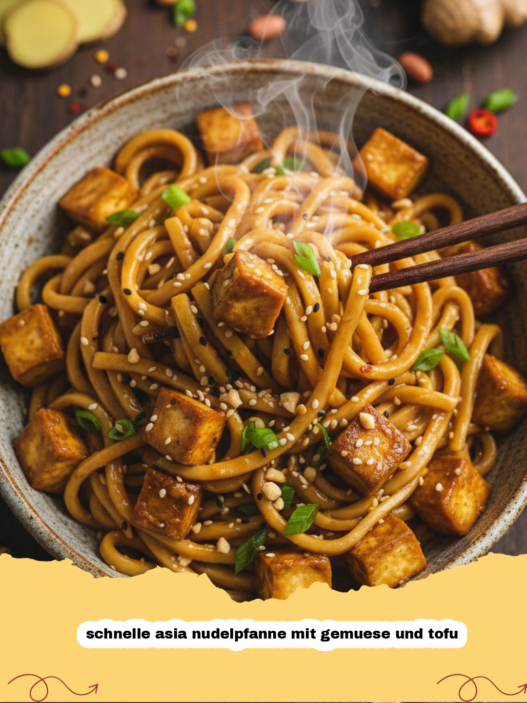 schnelle asia nudelpfanne mit gemuese und tofu - Eine bunte, dampfende Asia Nudelpfanne mit golden gebratenem Tofu, Brokkoli, Paprika und Karotten, garniert mit Frühlingszwiebeln und Sesam.
