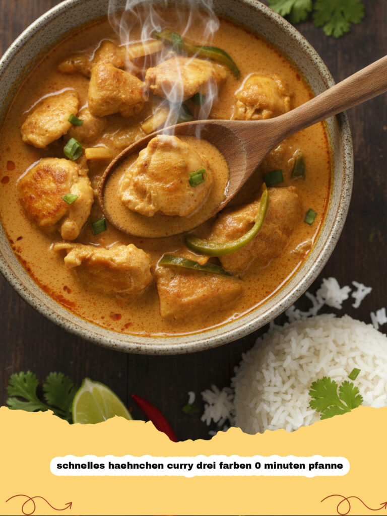 schnelles haehnchen curry drei farben 0 minuten pfanne - Ein appetitliches, schnelles Hähnchen Curry mit roten, gelben und grünen Paprikastücken und cremiger Kokos-Curry-Soße, serviert mit Reis und frischem Koriander.