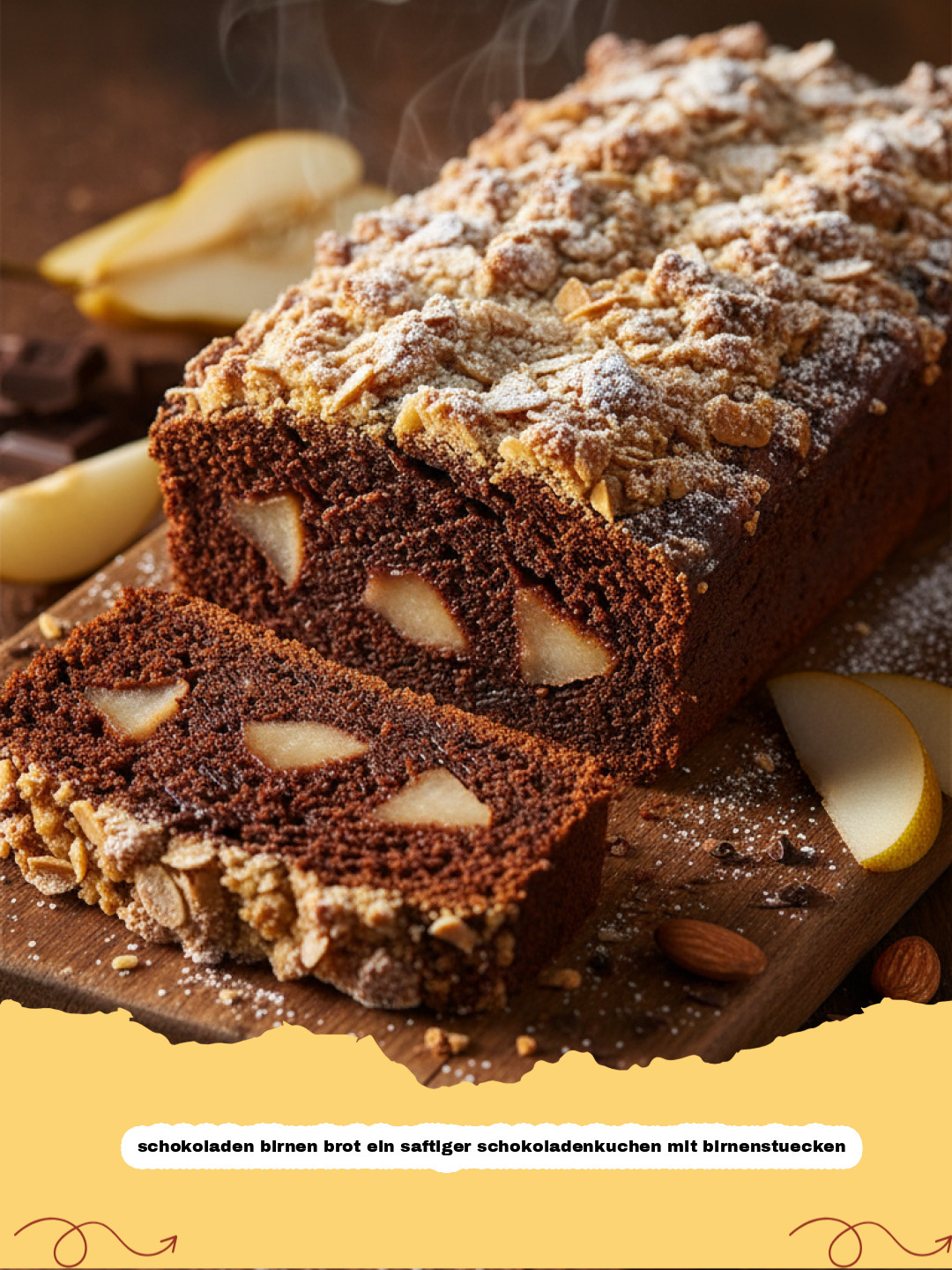 schokoladen birnen brot ein saftiger schokoladenkuchen mit birnenstuecken - Ein saftiges Schokoladen Birnen Brot, in Scheiben geschnitten, mit Birnenstücken und einer leichten Puderzuckerschicht