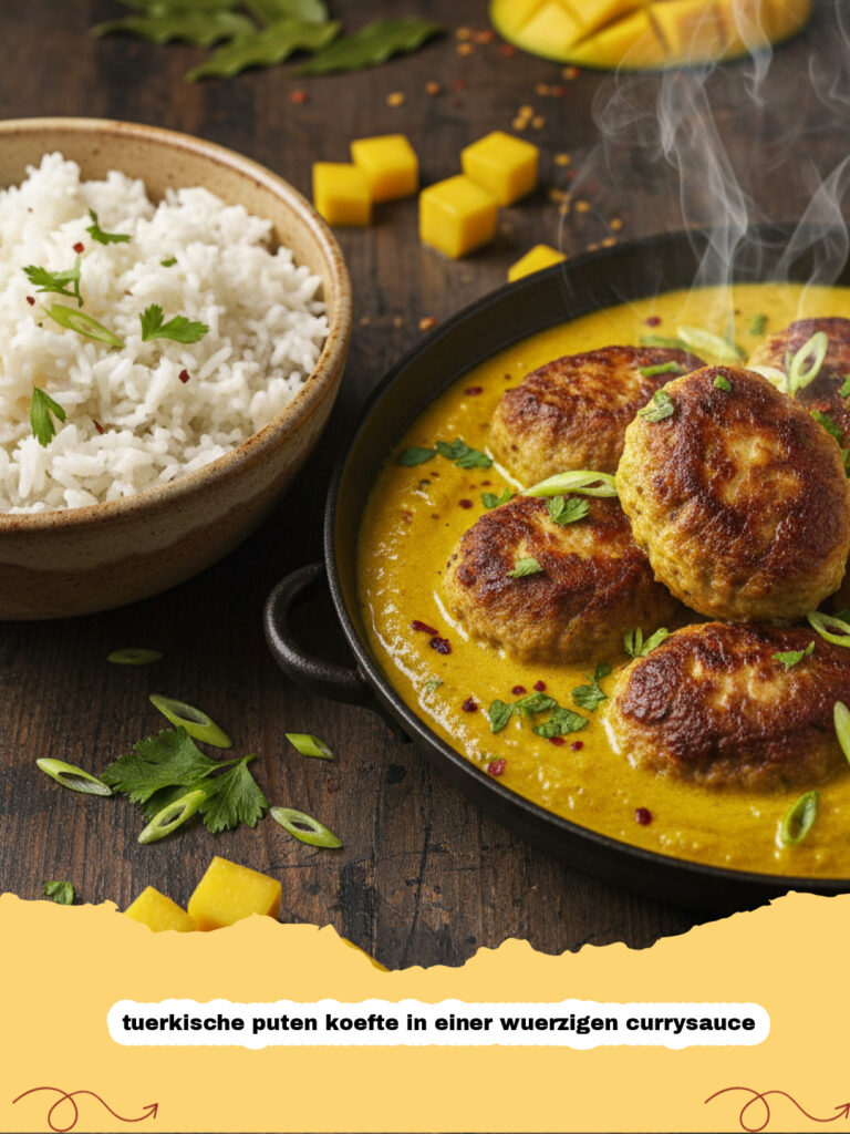 tuerkische puten koefte in einer wuerzigen currysauce - Putenköfte in einer cremigen Currysauce mit frischem Koriander und Reis