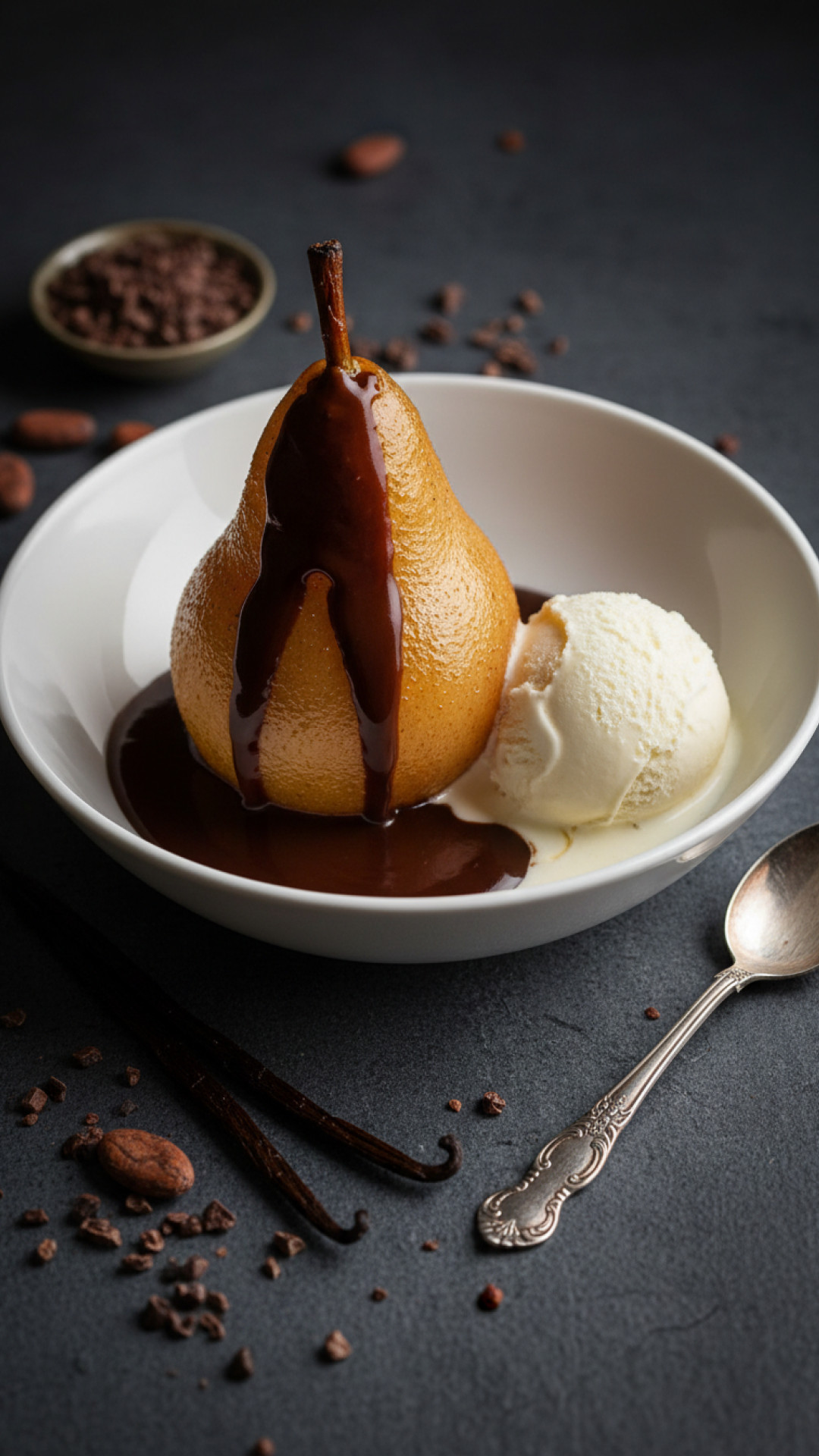 Vegane Birne Helene mit Schokoladensosse und Vanilleeis Preparation