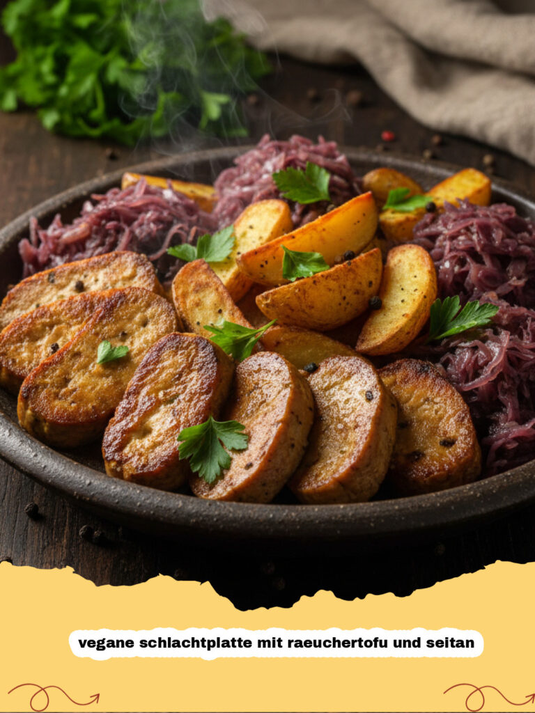 vegane schlachtplatte mit raeuchertofu und seitan - Eine reichhaltige vegane Schlachtplatte mit knusprigem Räuchertofu, würzigem Seitan, cremigem Kartoffelbrei und gedünstetem Sauerkraut auf einem Holztisch.