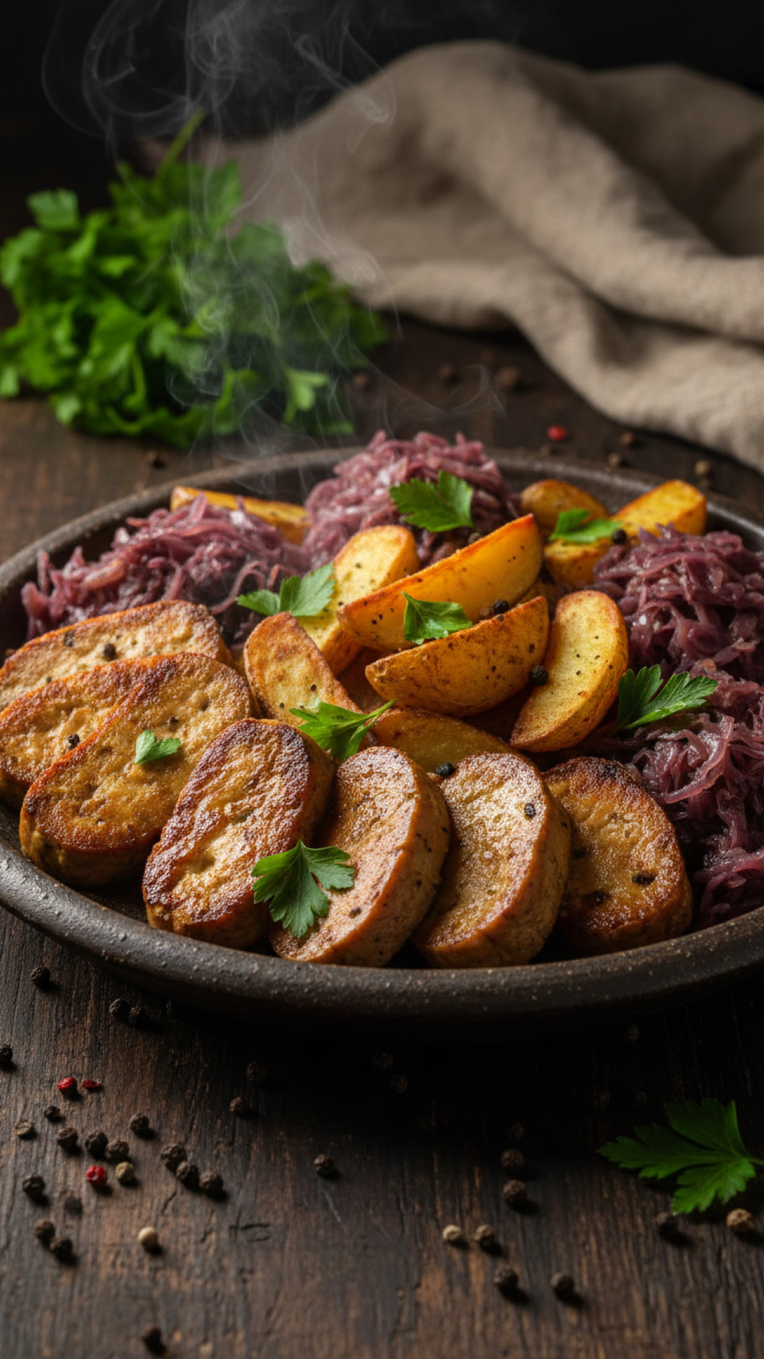 Vegane Schlachtplatte mit Räuchertofu und Seitan Preparation
