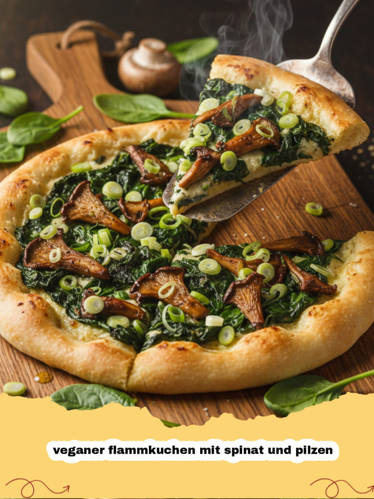 veganer flammkuchen mit spinat und pilzen - Ein goldbrauner, knuspriger veganer Flammkuchen mit Spinat und Pilzen, garniert mit frischen Kräutern, auf einem Holzbrett.