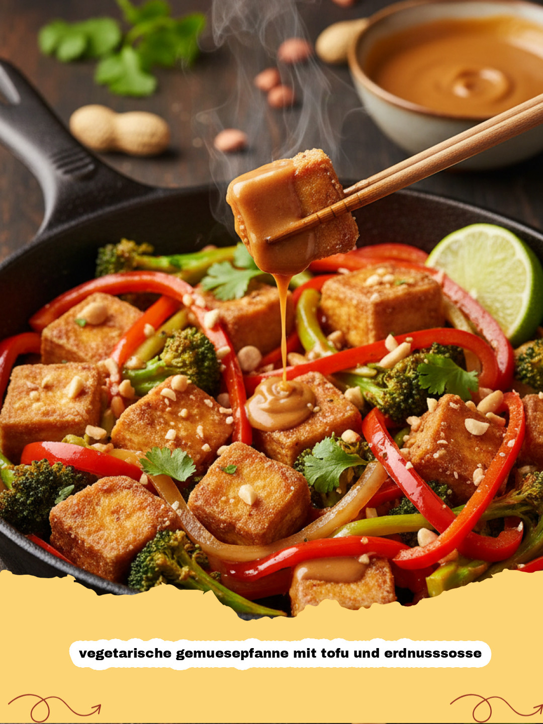 vegetarische gemuesepfanne mit tofu und erdnusssosse - Bunte vegetarische Gemüspfanne mit knusprigem Tofu und cremiger Erdnusssauce, garniert mit Koriander und Erdnüssen, serviert mit Reis.