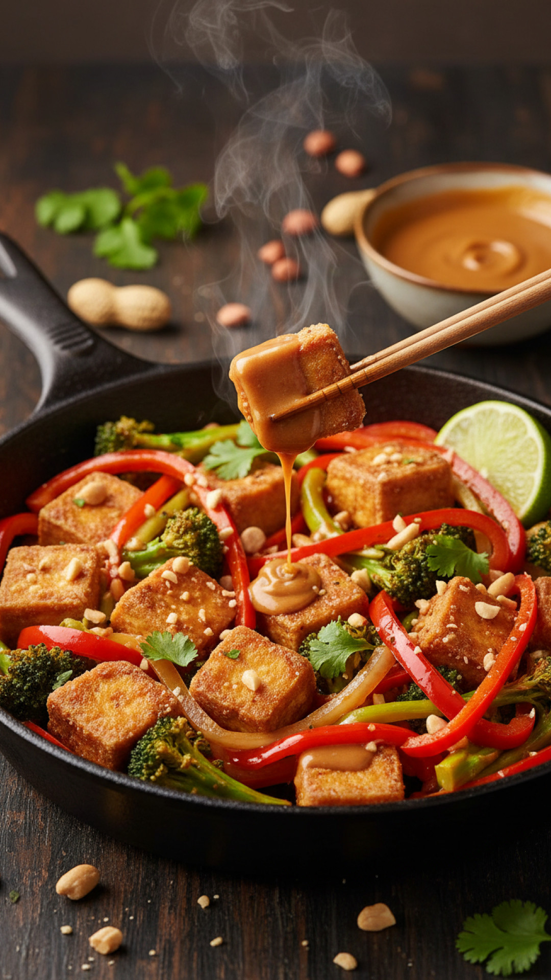Vegetarische Gemüspfanne mit Tofu und Erdnusssauce Preparation