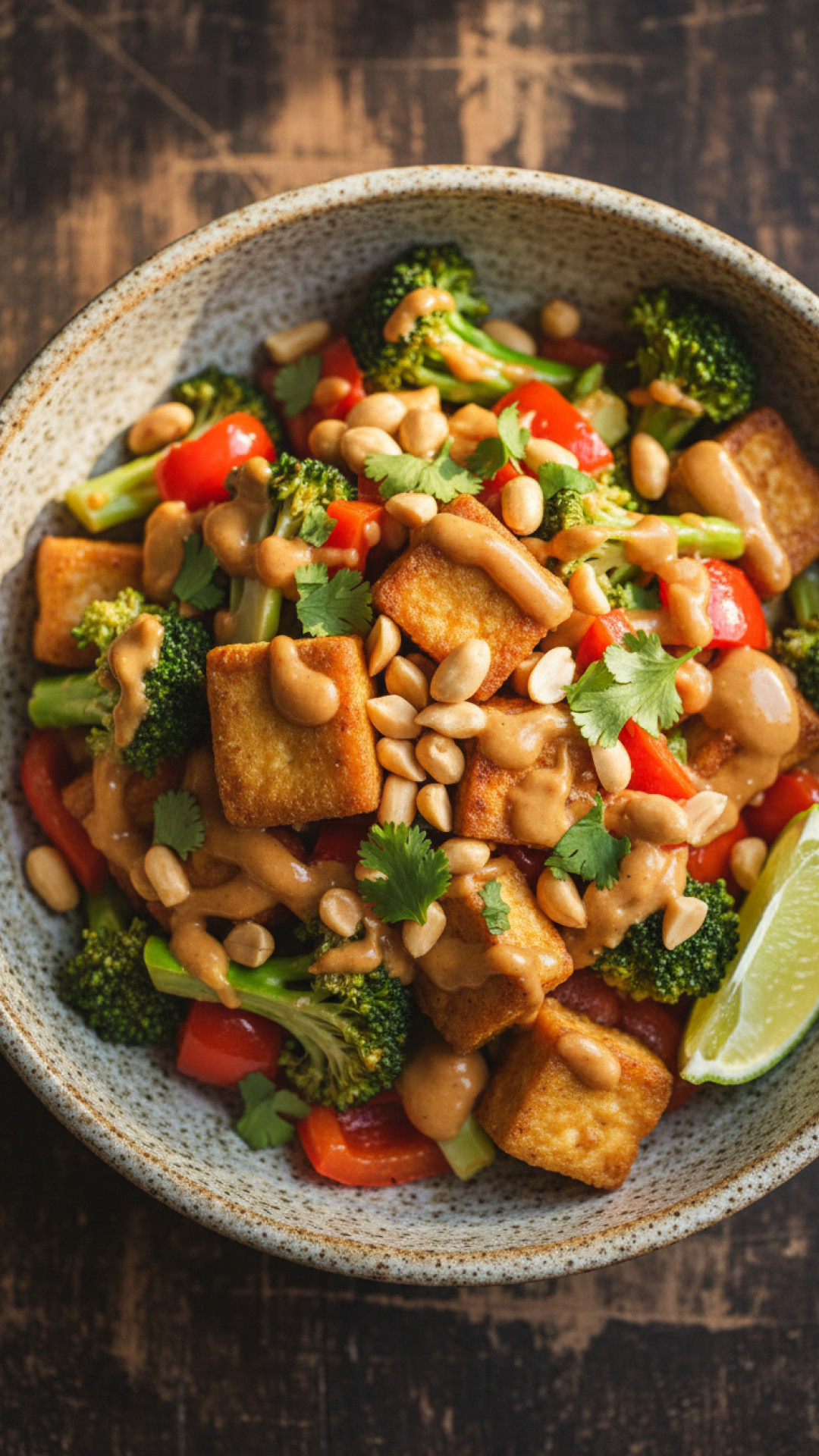 Vegetarische Gemüspfanne mit Tofu und Erdnusssosse Preparation
