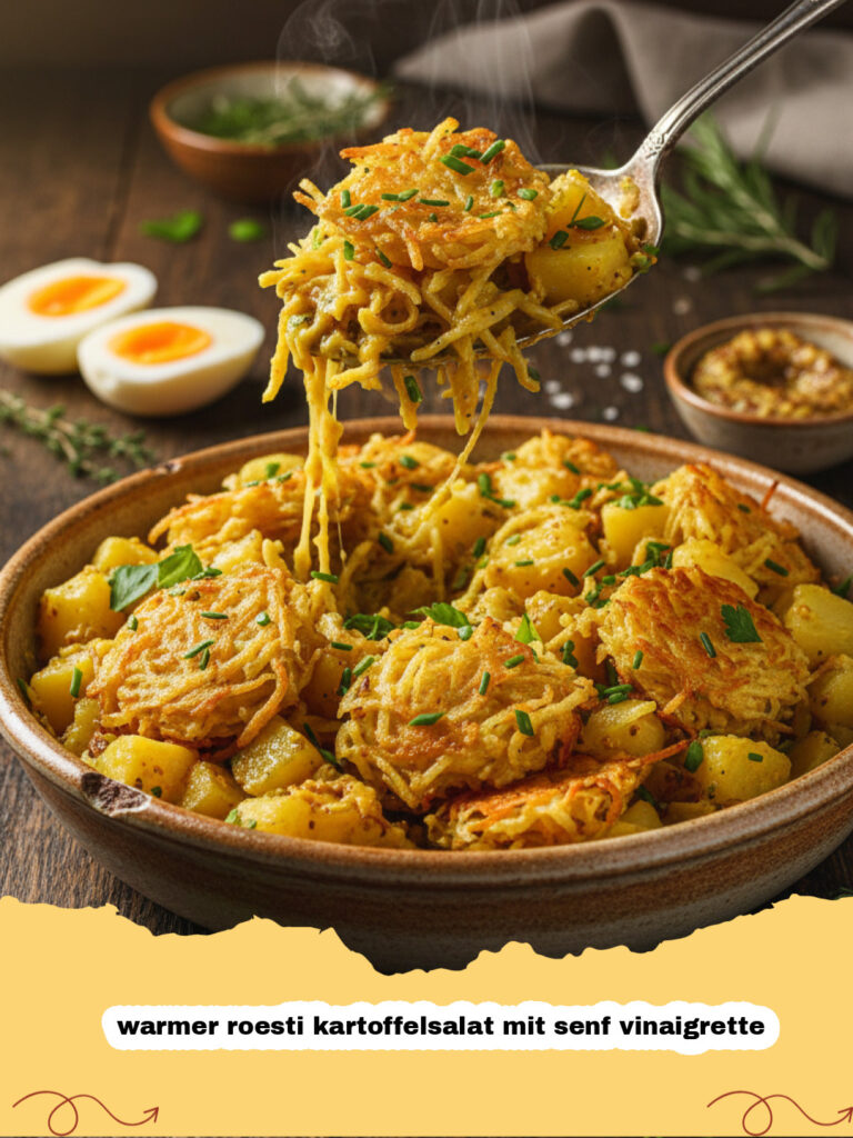 warmer roesti kartoffelsalat mit senf vinaigrette - Ein dampfender, warmer Rösti Kartoffelsalat mit goldbraunen Kartoffeln, grünen Kräutern und Senf-Vinaigrette in einer rustikalen Schüssel.