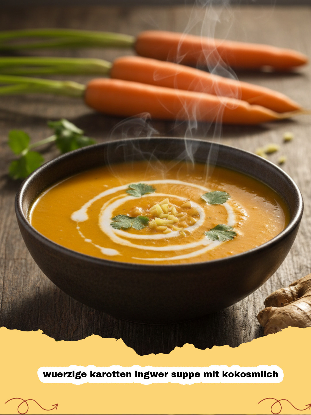 wuerzige karotten ingwer suppe mit kokosmilch - Schüssel mit cremiger, würziger Karotten-Ingwer-Suppe mit Kokosmilch, garniert mit frischem Koriander und einem Schuss Kokoscreme.