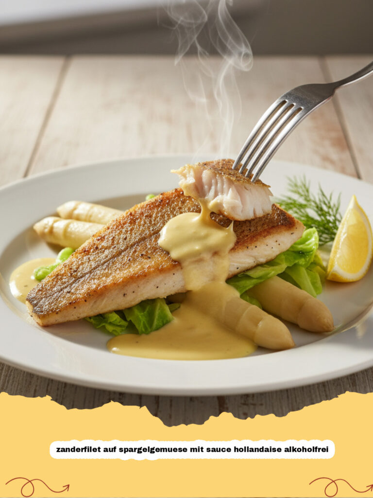 zanderfilet auf spargelgemuese mit sauce hollandaise alkoholfrei - Zanderfilet auf Spargelgemüse mit cremiger alkoholfreier Sauce Hollandaise, garniert mit frischen Kräutern