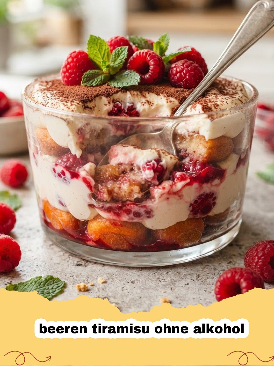 beeren tiramisu ohne alkohol - Ein appetitliches Beeren Tiramisu ohne Alkohol in einer Glasschale, reichlich mit frischen Beeren und Minzblättern garniert