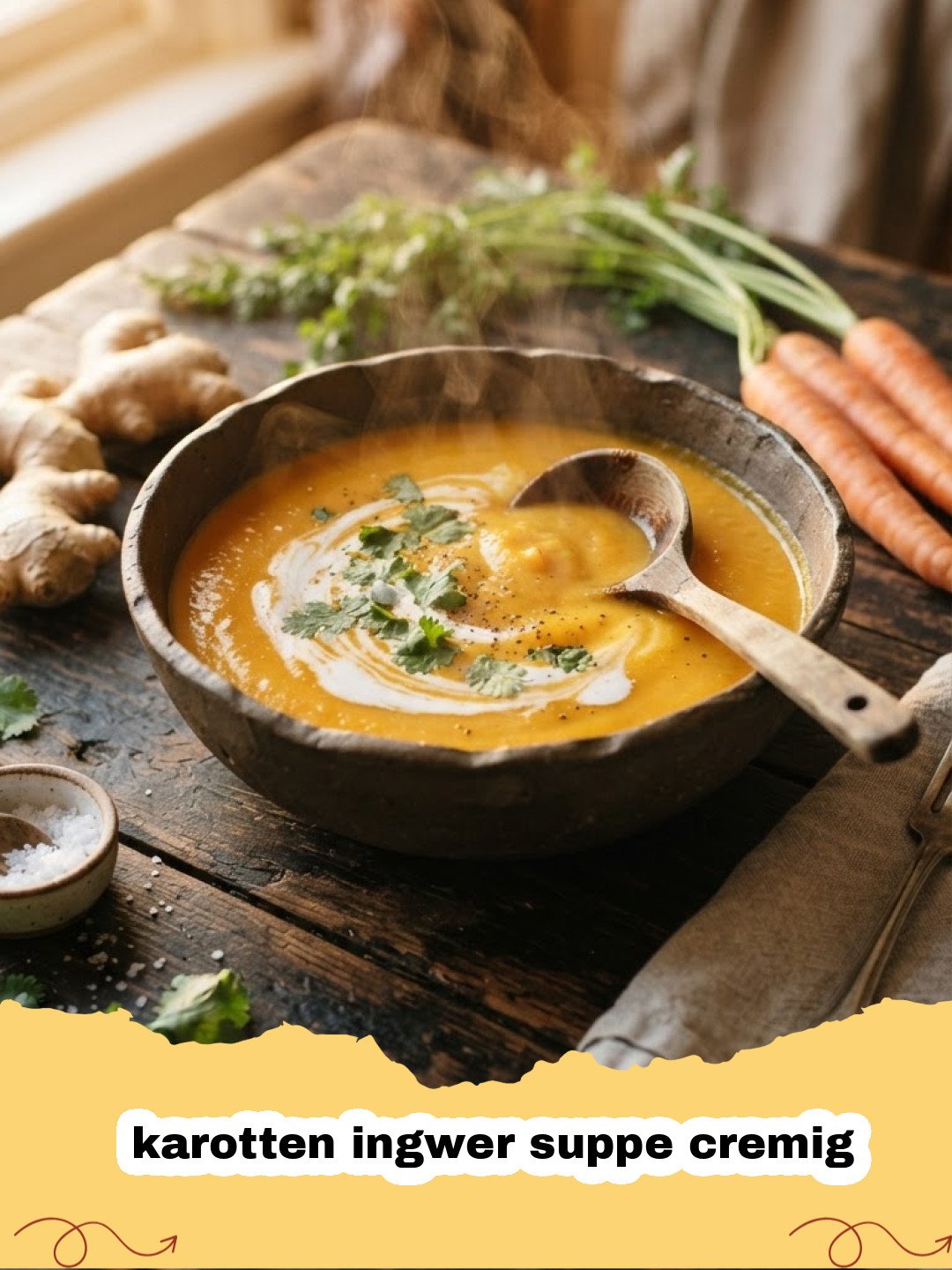 karotten ingwer suppe cremig - Schüssel mit cremiger Karotten-Ingwer-Suppe, garniert mit frischem Koriander und Kürbiskernen, auf einem Holztisch.