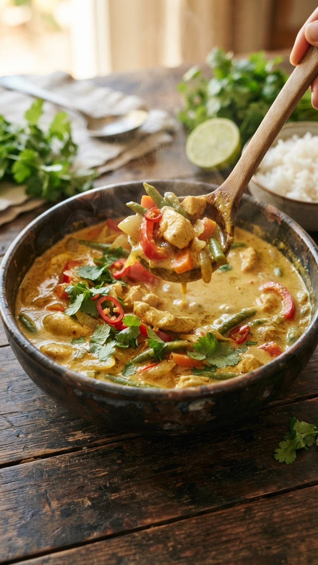 Cremiges Hähnchen Curry mit Kokosmilch und saisonalem Gemüse Preparation