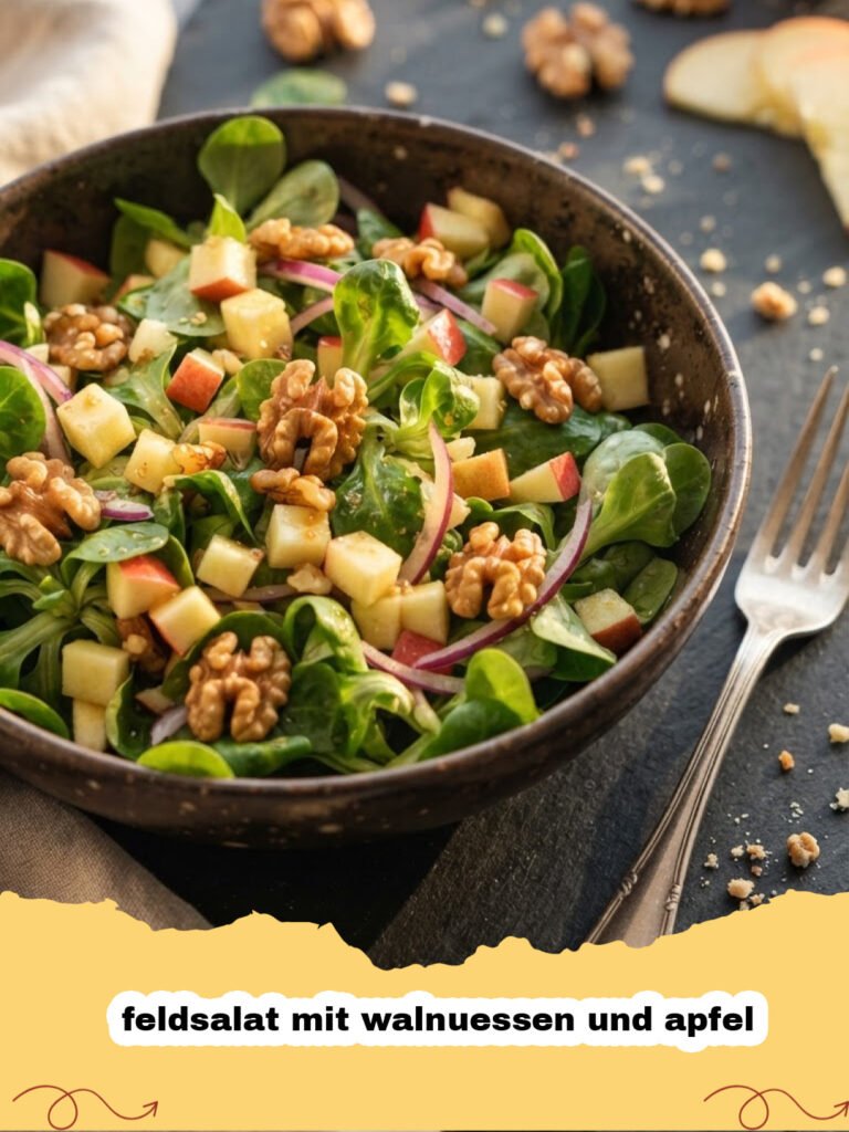 feldsalat mit walnuessen und apfel - Frischer Feldsalat mit Walnüssen und Apfel in einer Holzschüssel