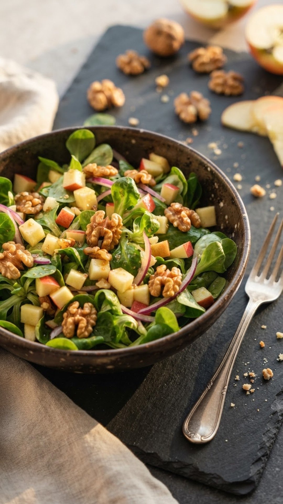Feldsalat mit Walnüssen und Apfel Preparation