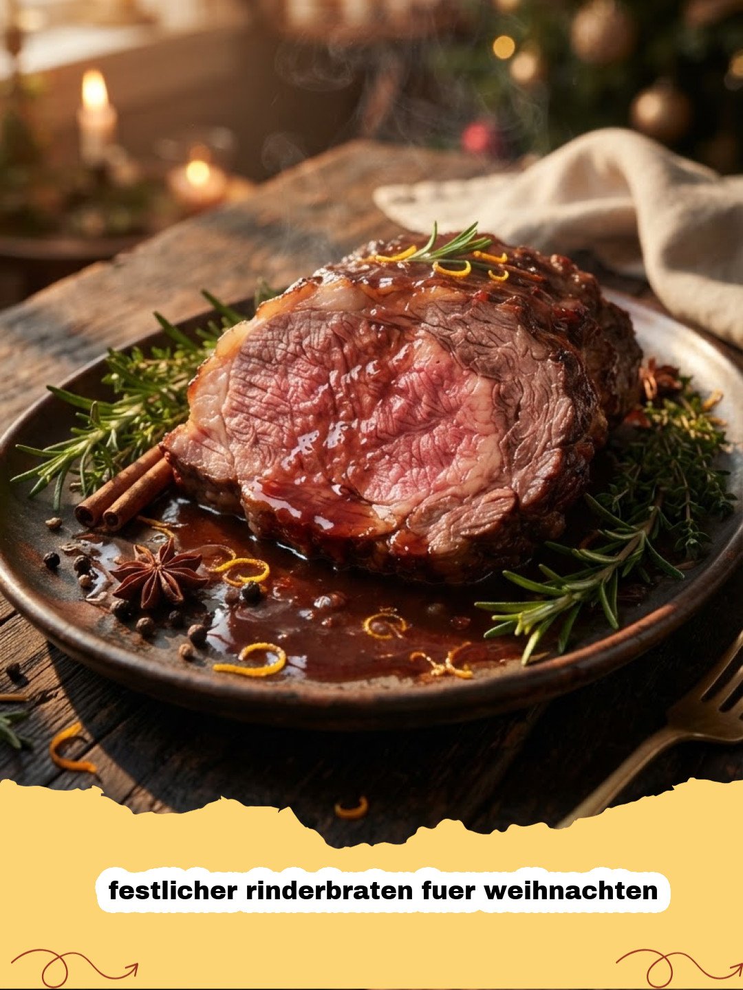festlicher rinderbraten fuer weihnachten - Ein perfekt gebratener, festlicher Rinderbraten für Weihnachten, angeschnitten und servierfertig mit Bratensoße und frischen Kräutern.