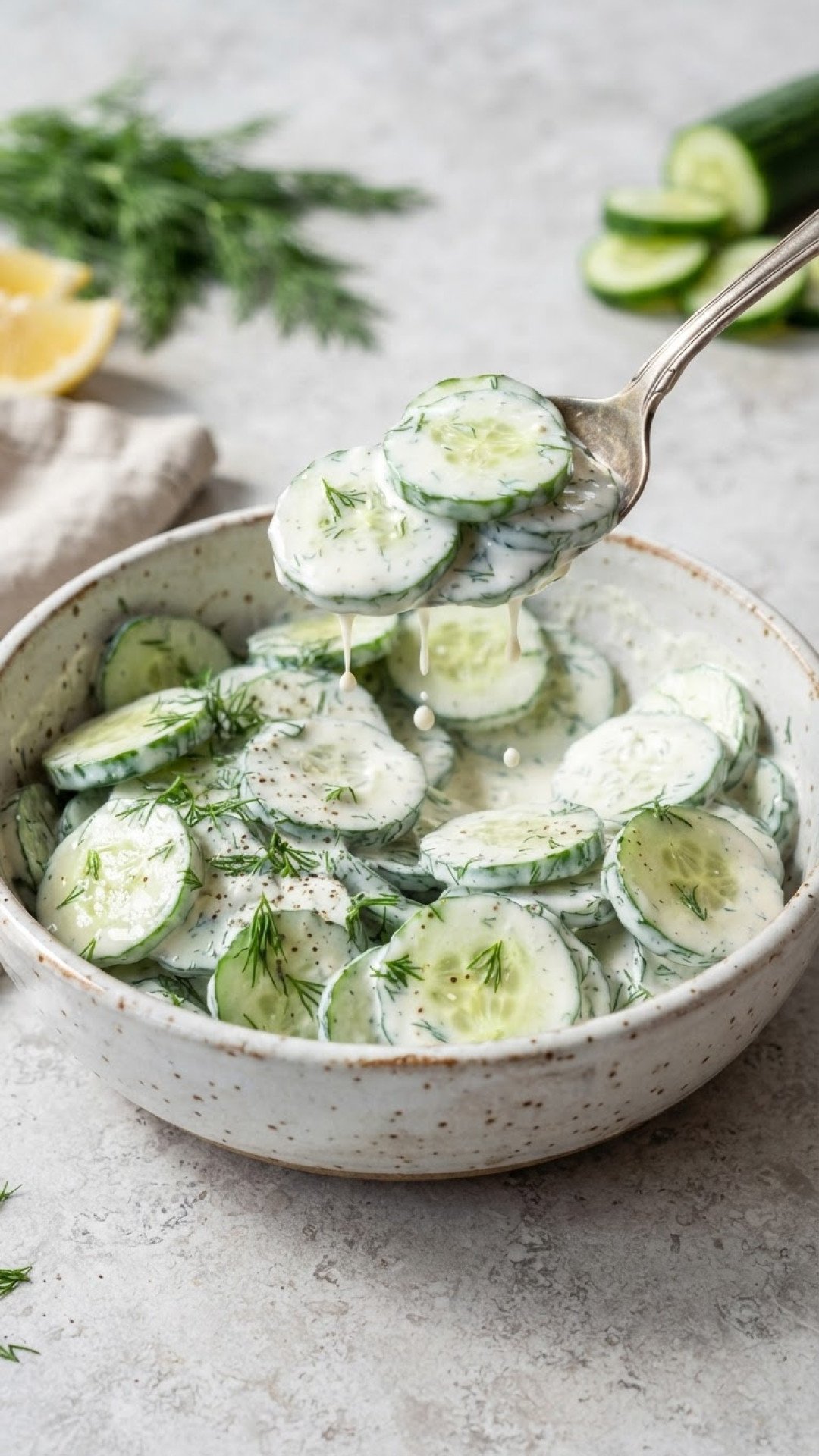 Frischer Gurkensalat mit Dill Sahne Dressing Preparation