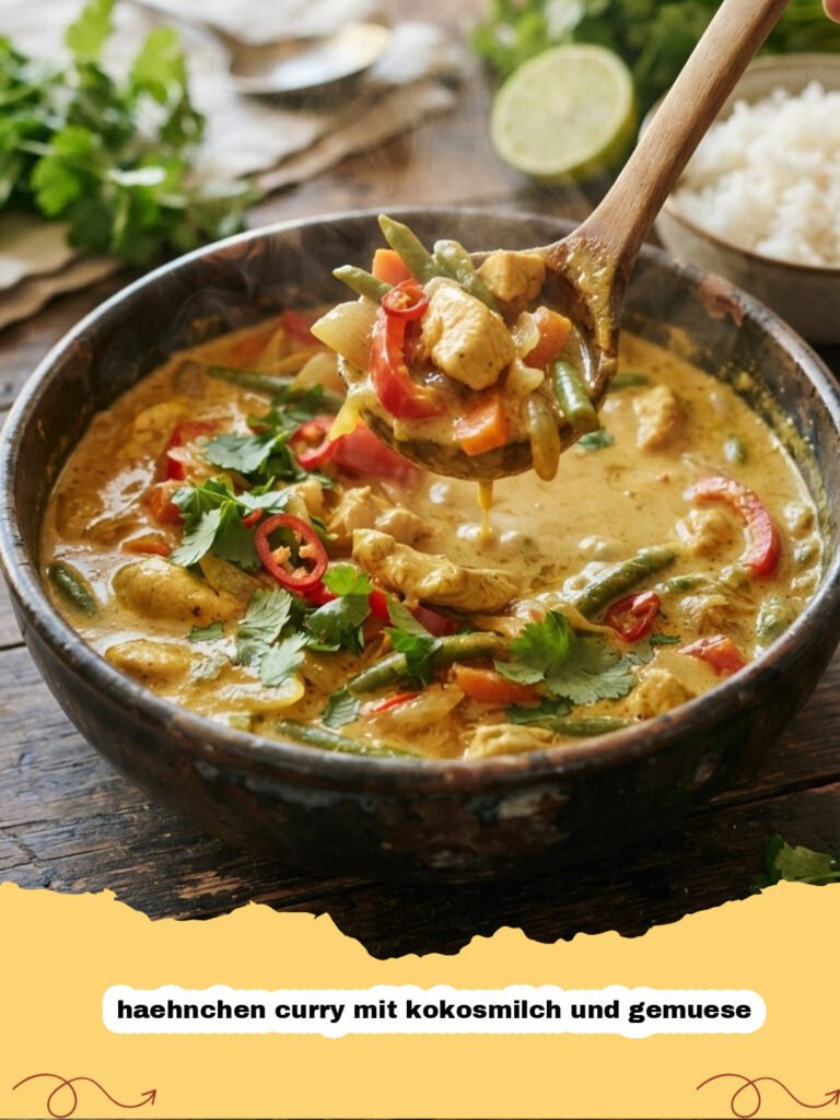 haehnchen curry mit kokosmilch und gemuese - Ein appetitlich angerichtetes Hähnchen Curry mit Kokosmilch und Gemüse in einer Schüssel, umgeben von Reis und frischem Koriander.