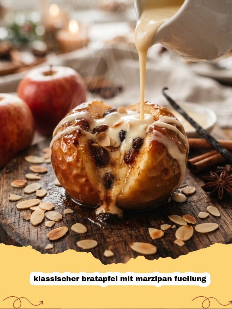 klassischer bratapfel mit marzipan fuellung - Klassischer Bratapfel mit Marzipanfüllung, goldbraun gebacken, mit Puderzucker bestreut und Vanillesauce serviert