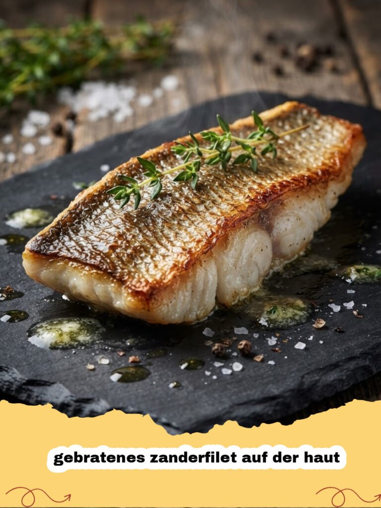 gebratenes zanderfilet auf der haut - Perfekt gebratenes Zanderfilet auf knuspriger Haut mit frischer Zitrone und Petersilie garniert auf einem Teller