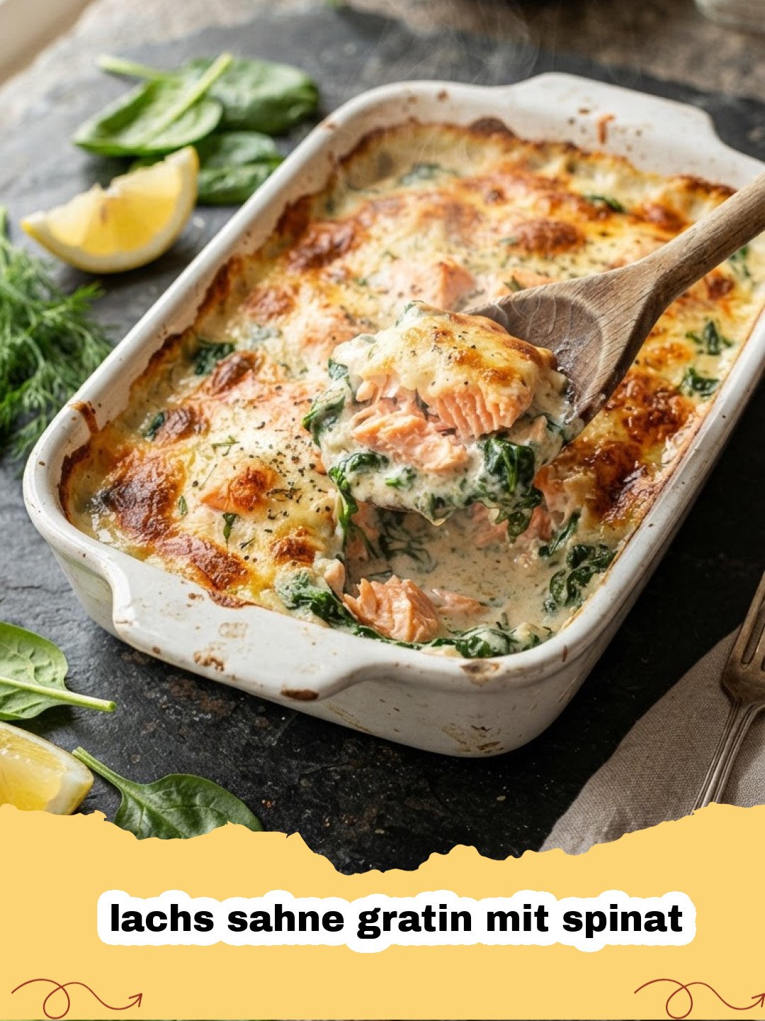 lachs sahne gratin mit spinat - Ein goldbraun gebackenes Lachs-Sahne-Gratin mit Spinat in einer Auflaufform, garniert mit frischen Kräutern.