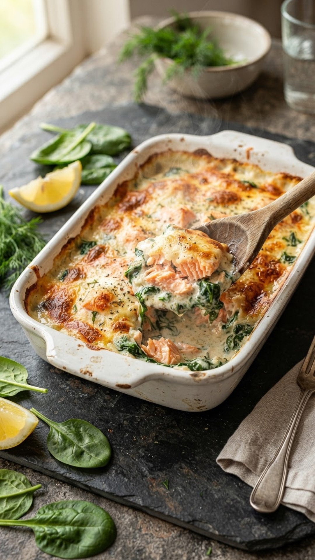 Lachs-Sahne-Gratin mit Spinat Preparation