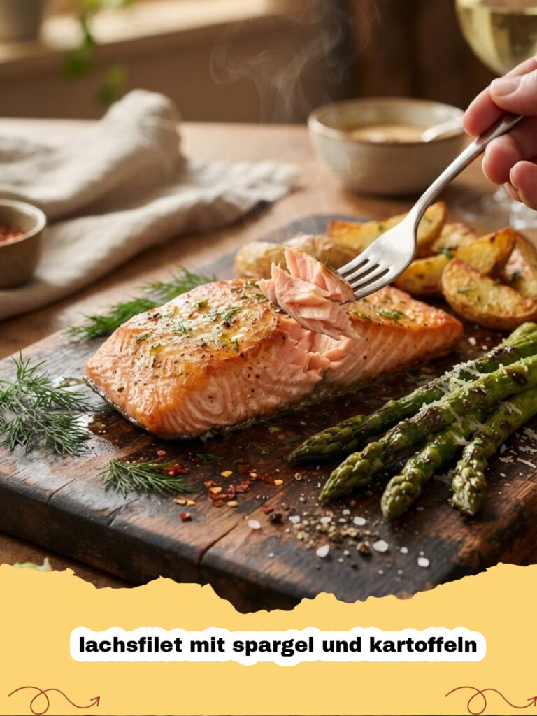 lachsfilet mit spargel und kartoffeln - Perfekt gebratenes Lachsfilet mit knuspriger Haut, serviert auf grünem Spargel und goldbraunen Rosmarinkartoffeln, garniert mit frischem Dill und einer Zitronenspalte.