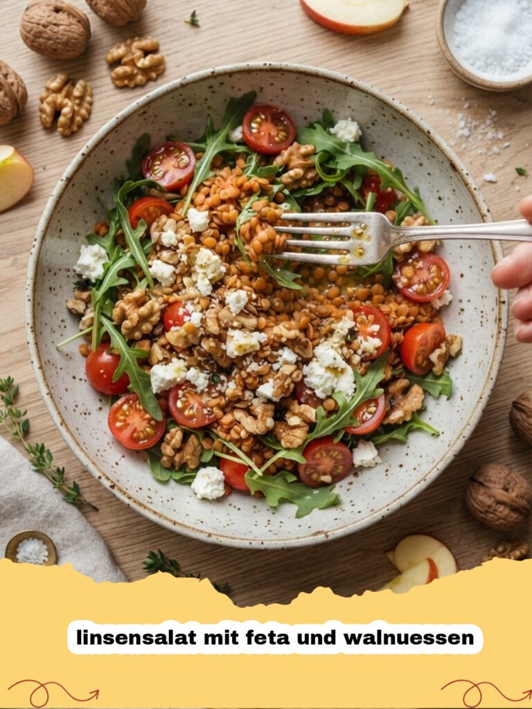 linsensalat mit feta und walnuessen - Frischer Linsensalat mit Feta, Walnüssen, Tomaten, Gurken und Minze in einer Schüssel.