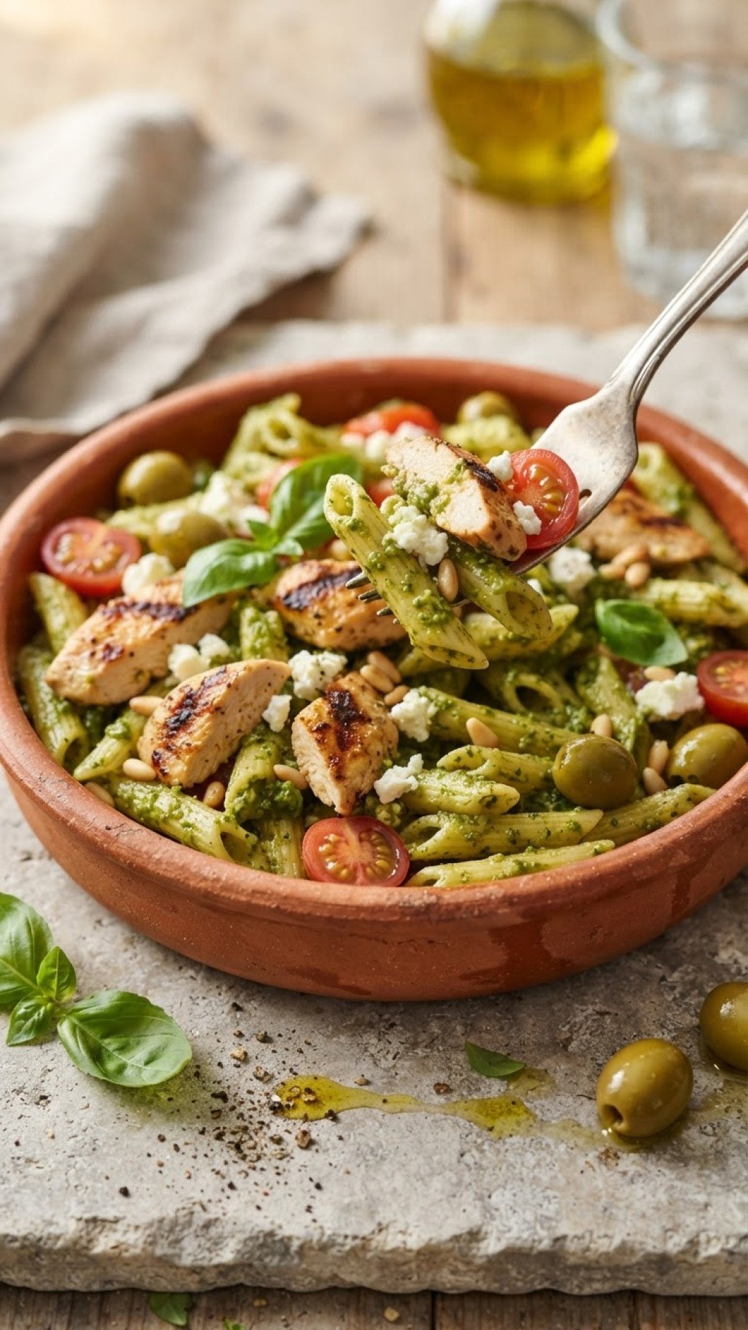 Mediterraner Nudelsalat mit Hähnchen und Pesto Preparation