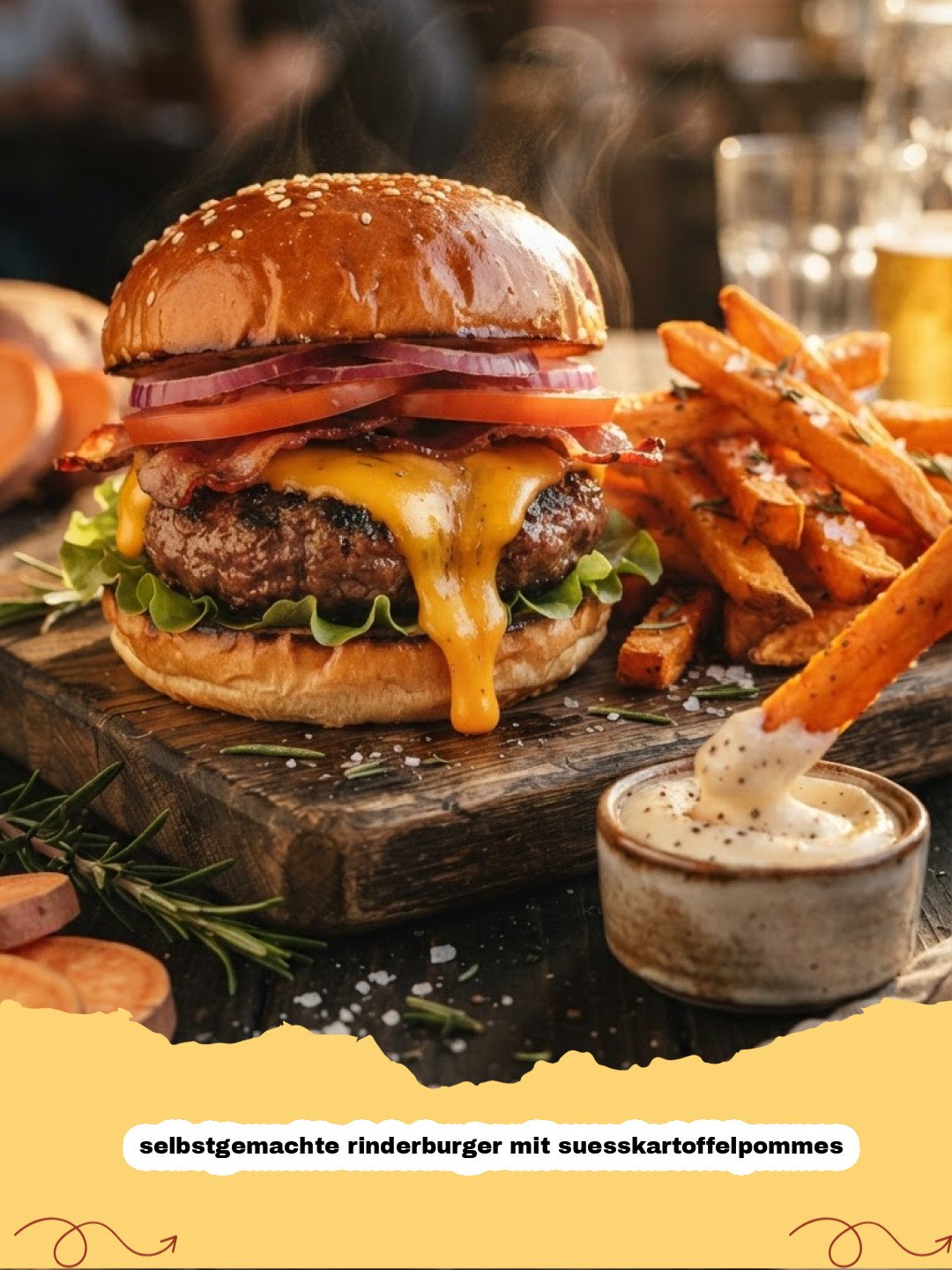 selbstgemachte rinderburger mit suesskartoffelpommes - Ein appetitlicher, selbstgemachter Rinderburger mit geschmolzenem Käse, frischem Salat, Tomaten und Zwiebeln, serviert mit knusprigen Süßkartoffelpommes auf einem Teller.