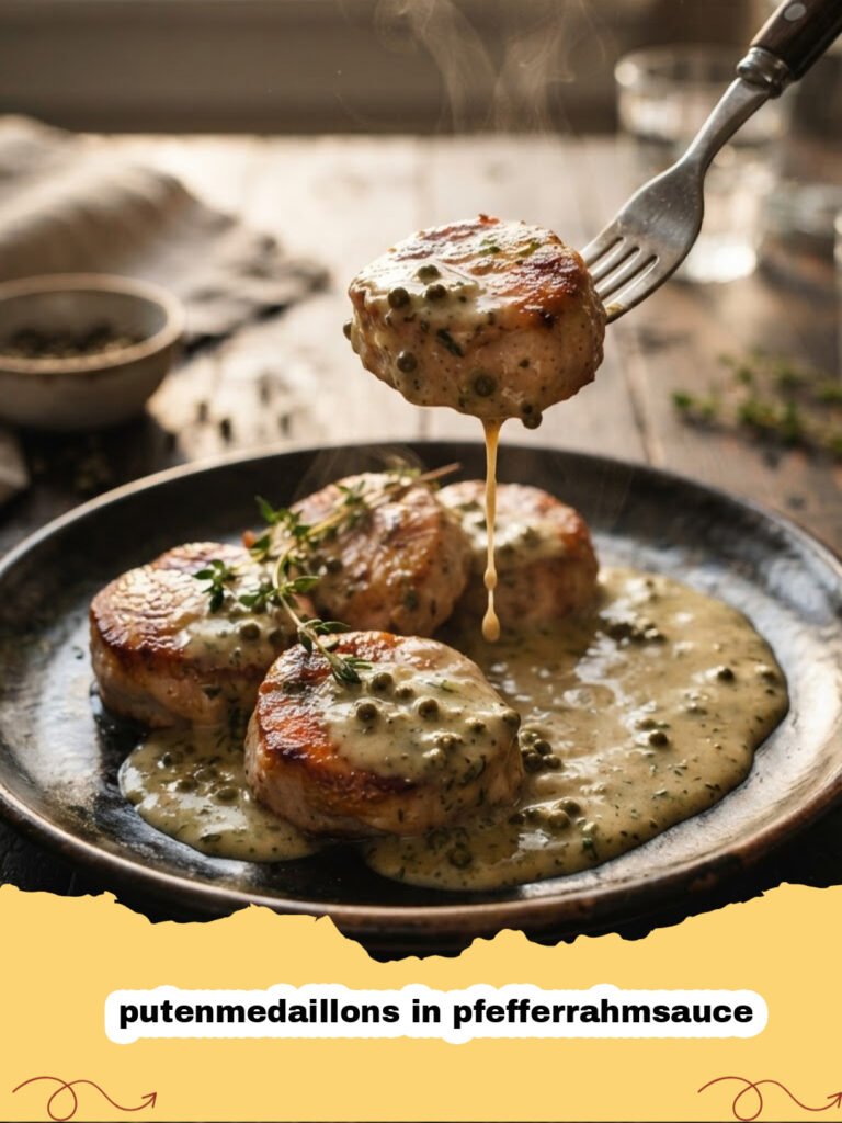 putenmedaillons in pfefferrahmsauce - Saftige Putenmedaillons in cremiger Pfefferrahmsauce, garniert mit frischer Petersilie und grobem Pfeffer