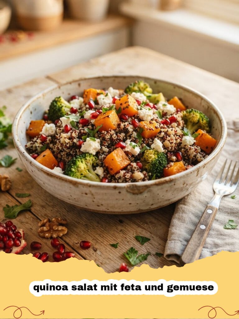 quinoa salat mit feta und gemuese - Ein bunter Quinoa Salat mit Feta und frischem Gemüse in einer Schüssel, bereit zum Genuss.