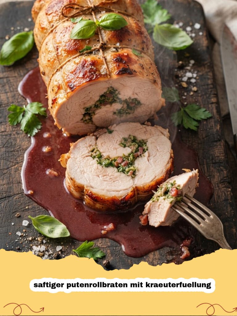 saftiger putenrollbraten mit kraeuterfuellung - Ein goldbrauner, saftiger Putenrollbraten mit Kräuterfüllung, in Scheiben geschnitten auf einem Holzbrett mit frischen Kräutern im Hintergrund.