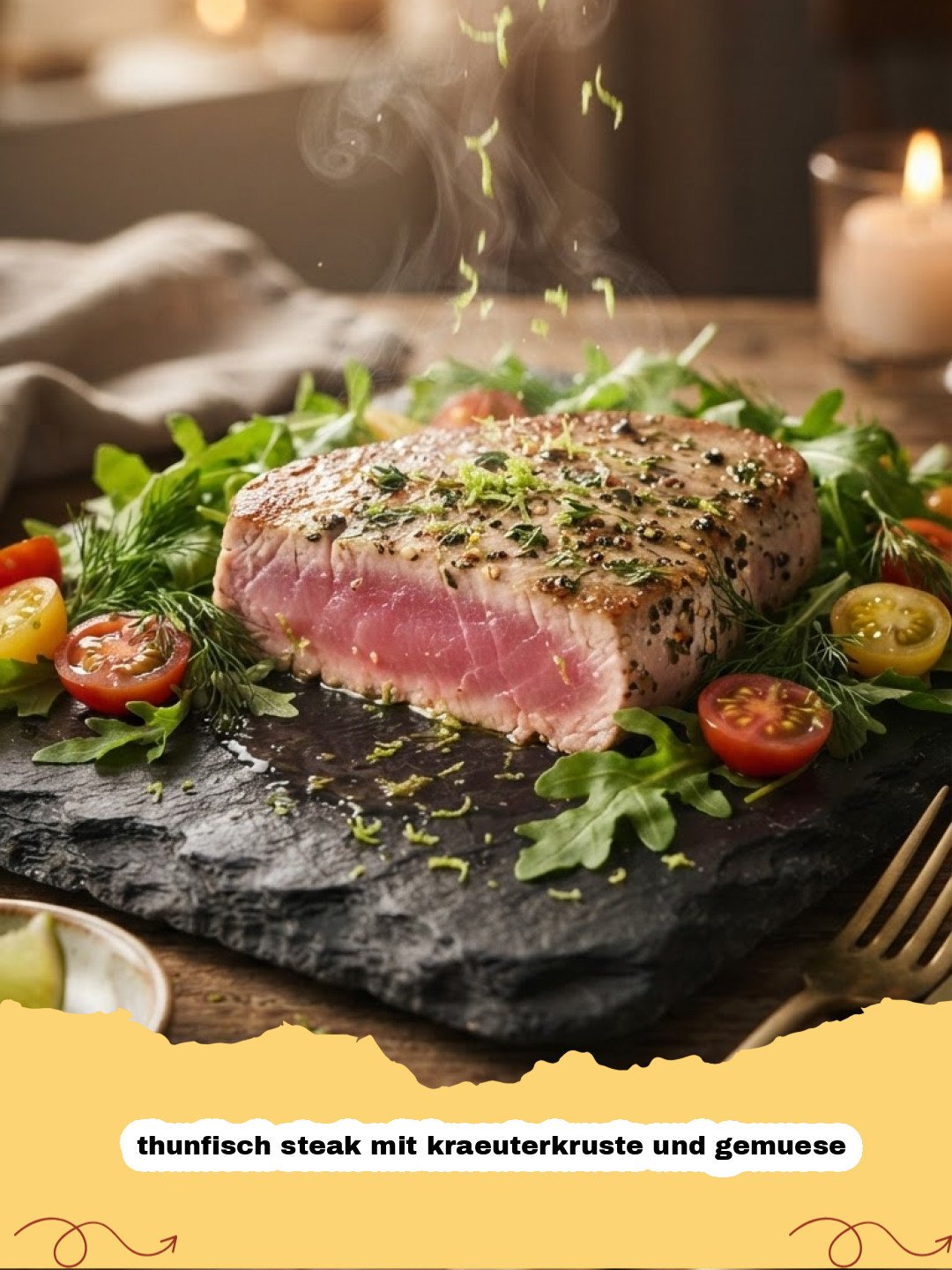 thunfisch steak mit kraeuterkruste und gemuese - Ein perfekt angebratenes Thunfisch Steak mit goldbrauner Kräuterkruste, angerichtet auf einem Bett aus farbenfrohem Ofengemüse wie Zucchini, Paprika und Kirschtomaten, auf einem hellen Teller. Ein leckeres und gesundes Thunfisch Steak mit Kräuterkruste und Gemüse.