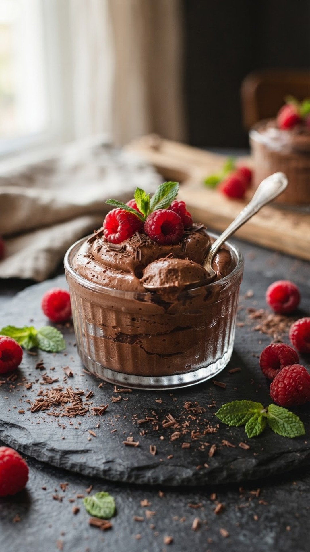 Veganes Schokoladen Mousse mit Himbeeren Preparation
