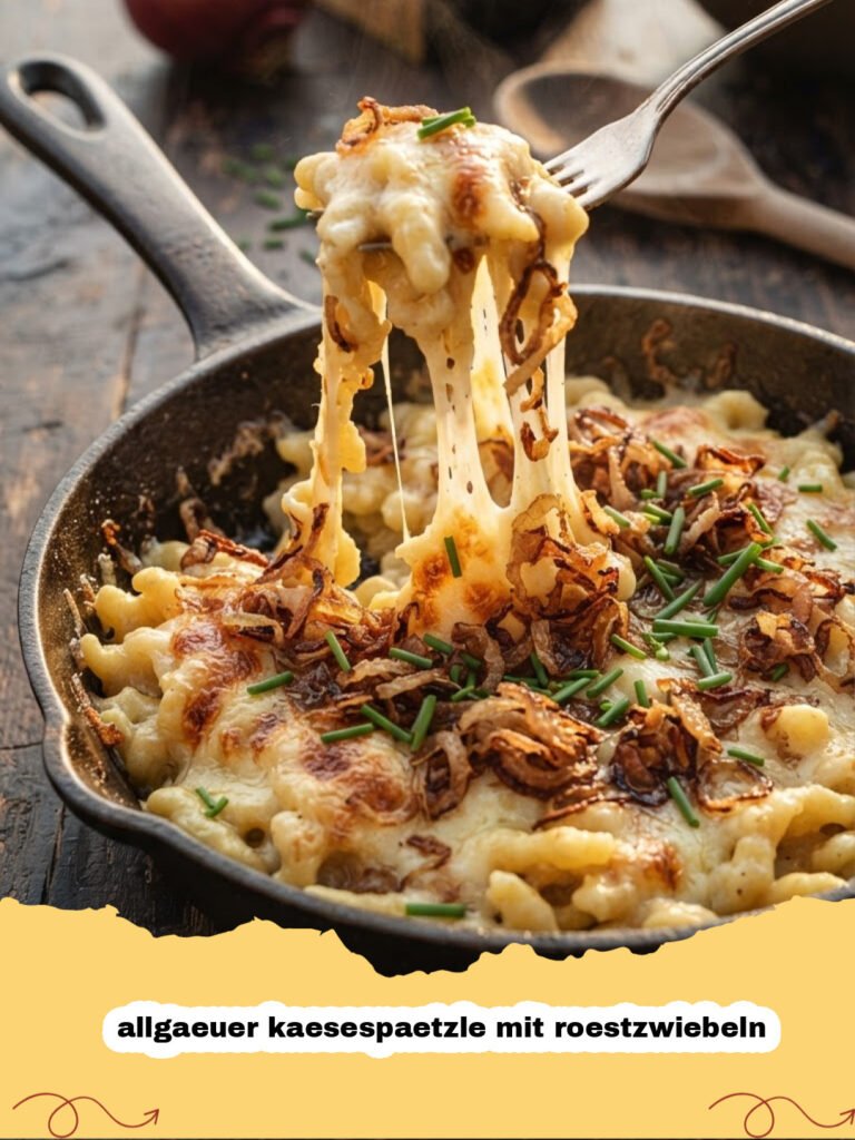 allgaeuer kaesespaetzle mit roestzwiebeln - Ein dampfender Teller Allgäuer Käsespätzle mit goldenen Röstzwiebeln und frischem Schnittlauch auf einem Holztisch, im Hintergrund eine rustikale Küche