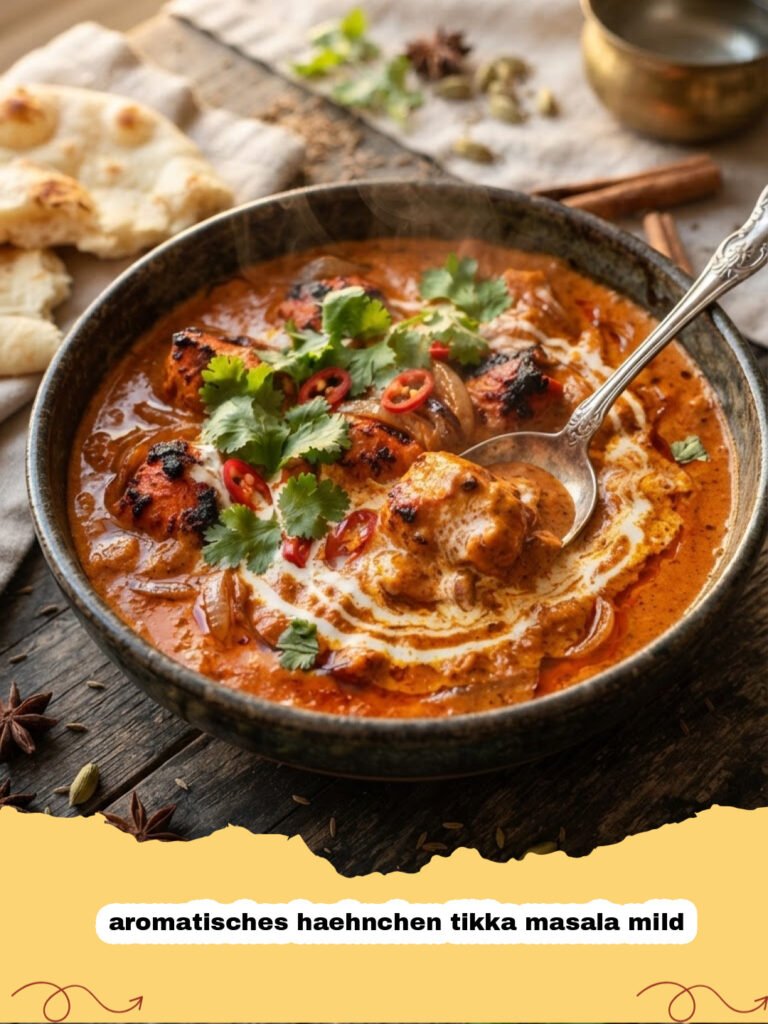 aromatisches haehnchen tikka masala mild - Ein Teller mit cremigem, mildem Hähnchen Tikka Masala, garniert mit frischem Koriander, daneben Basmatireis und Naan-Brot.