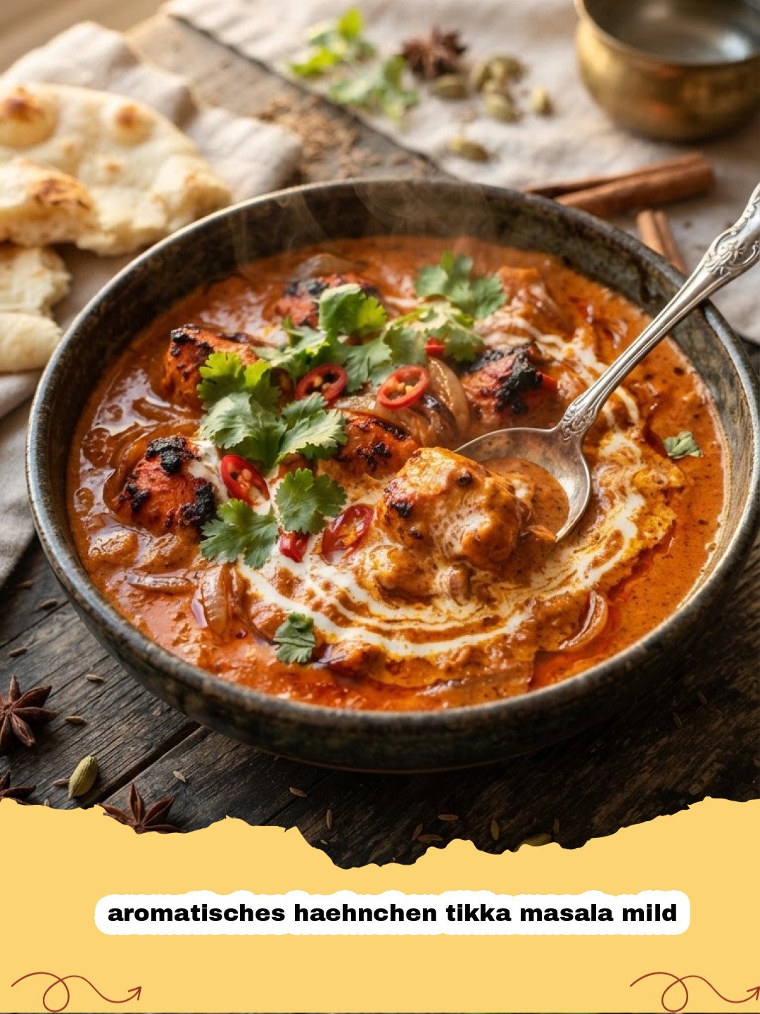 aromatisches haehnchen tikka masala mild - Ein Teller mit cremigem, mildem Hähnchen Tikka Masala, garniert mit frischem Koriander, daneben Basmatireis und Naan-Brot.